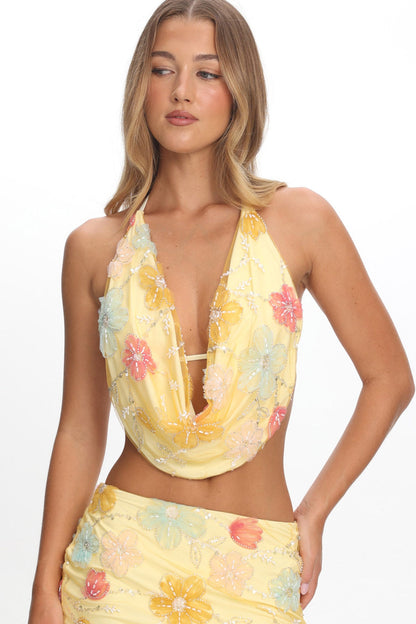 Kavera Cowl Halter Top Floral Sequin