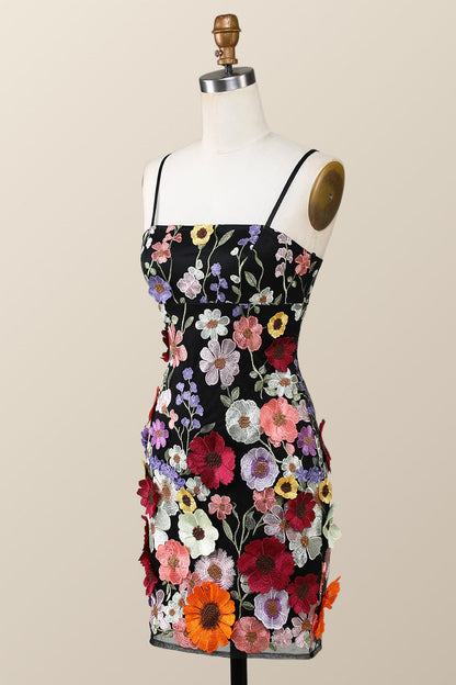 Black Floral Embroidery Tight Mini Dress with Straps