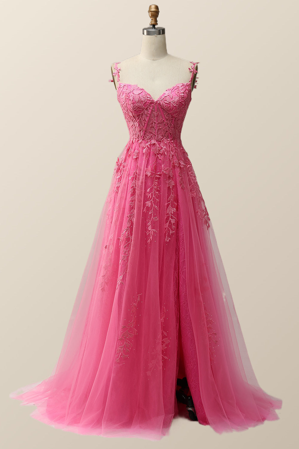 Hot Pink Lace Appliques A-line Long Formal Gown