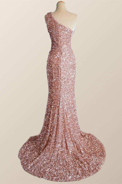 One Shoulder Rose Gold Sequin Mermaid Long Party Dress