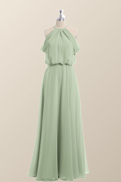 Cold Sleeve Sage Green Blouson Chiffon Long Bridesmaid Dress