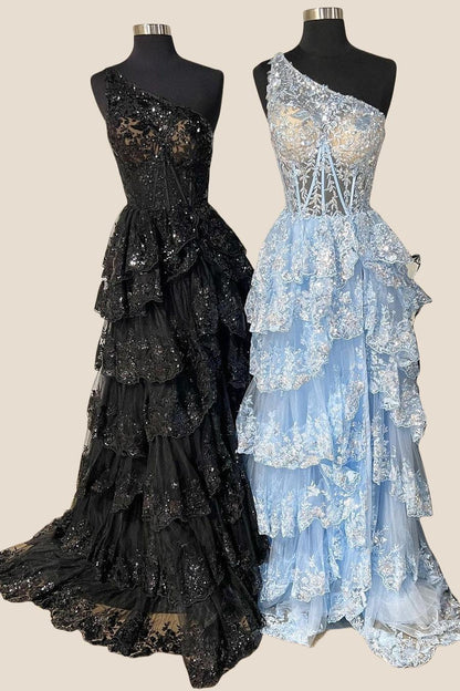 One Shoulder Navy Blue Appliques Ruffle Formal Dress
